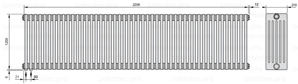 Схема (чертеж) Радиатор Zehnder Charleston 6120/48 №3370 Белый глянцевый RAL 9016